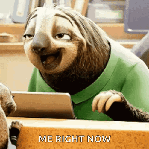 Cartoon Sloth Smiling at Desk With Tablet