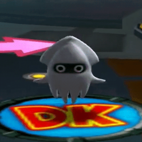 Cartoon Squid Floating Above DK Logo