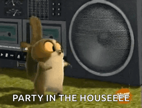 Cartoon Squirrel Dancing With Party Text GIF