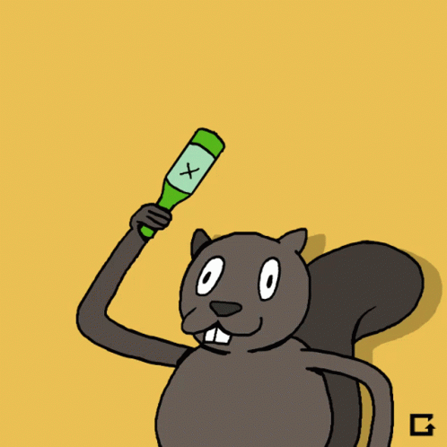 Cartoon Squirrel Holding Green Bottle With X