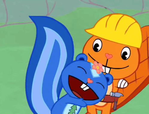 Cartoon Squirrel In Hard Hat Holding Blue Squirrel GIF