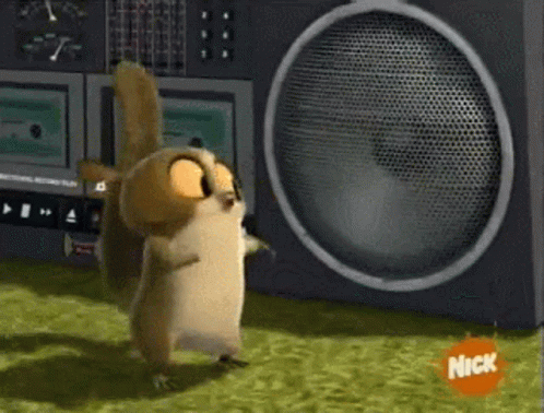 Cartoon Squirrel Standing Next to Large Speaker