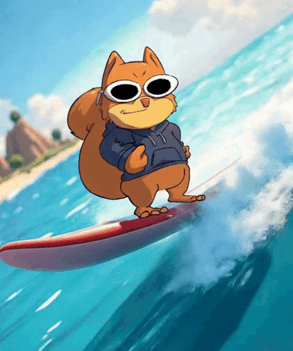 Cartoon Squirrel Surfing Wave GIF