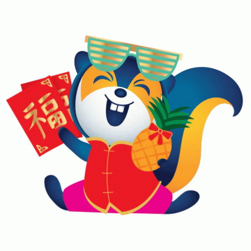 Cartoon Squirrel With Sunglasses Holding Pineapple and Red Envelopes
