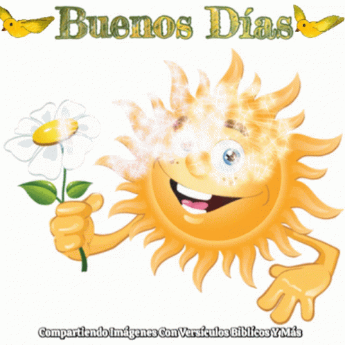 Cartoon Sun Holding Flower Buenos Dias