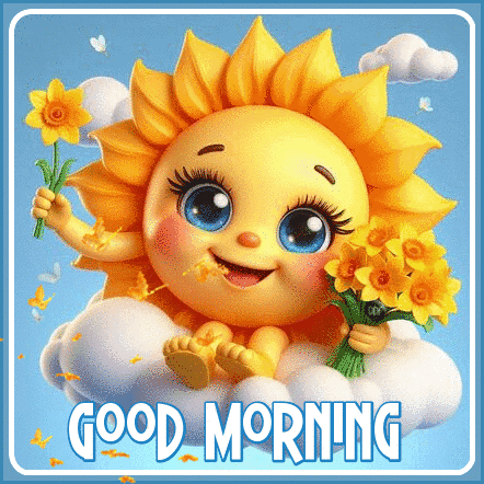 Cartoon Sun Sitting on Cloud Holding Flowers