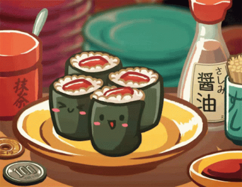 Cartoon Sushi On Plate With Coin Saying 100 GIF