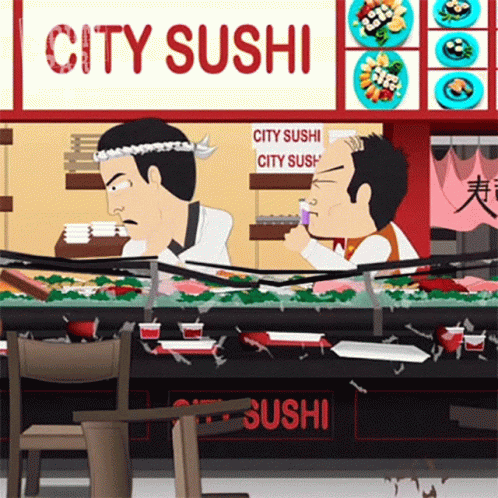 Cartoon Sushi Restaurant Two Men Behind Counter GIF