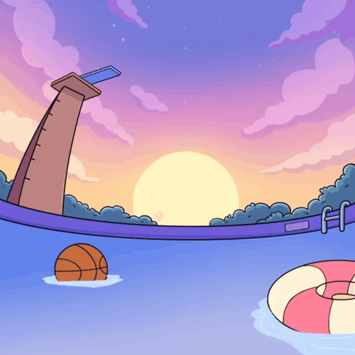 Cartoon Swimming Pool with Basketball and Float