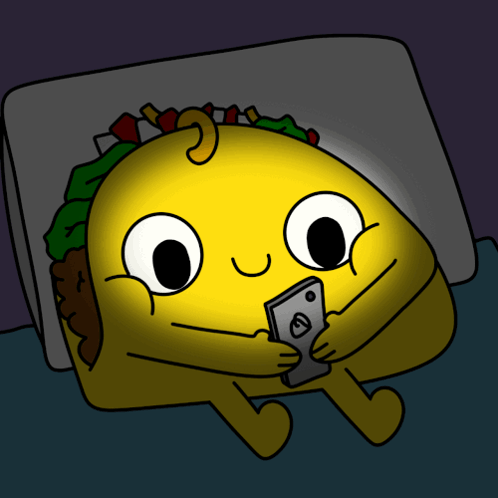 Cartoon Taco Lying in Bed Looking at Cell Phone