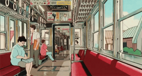 Cartoon Train People Sitting Man Standing Next To Woman Reading Book GIF