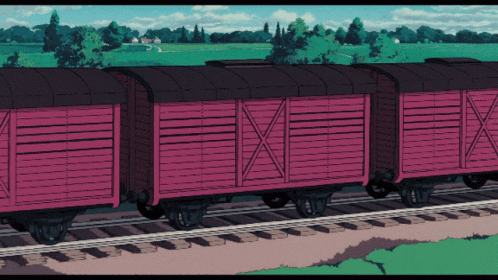 Cartoon Train With Pink Boxes on Tracks