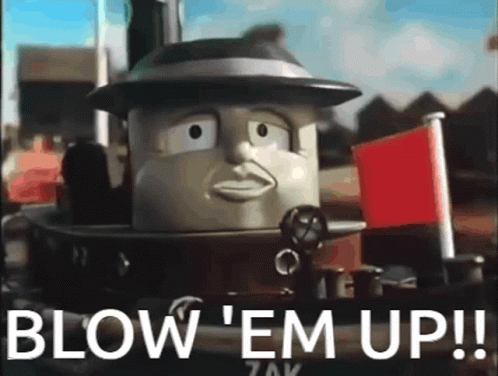 Cartoon Train With Red Flag Saying Blow Em Up GIF