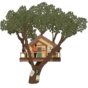 Cartoon Tree House With Man on Porch