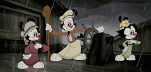 Cartoon Trio in Rain One Holds Steering Wheel
