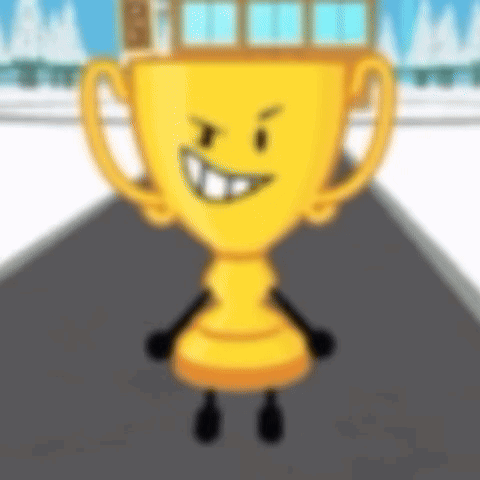 Cartoon Trophy With Face and Arms on Road
