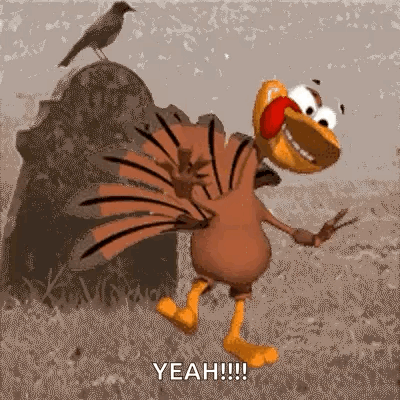 Cartoon Turkey Dancing With Bird on Rock