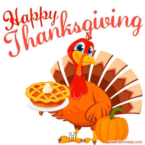 Cartoon Turkey Holding Pie and Pumpkin With Happy Thanksgiving
