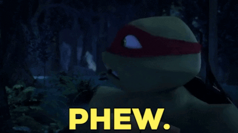 Cartoon Turtle Saying Phew in Yellow Letters