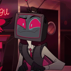 Cartoon TV Head With Red Eyes Standing in Front of Sign Saying Gui