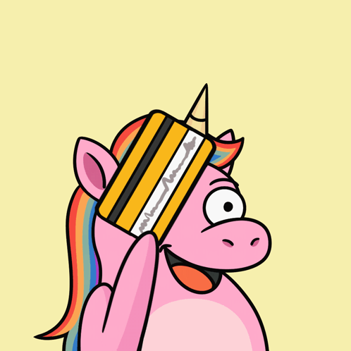Cartoon Unicorn Holding Credit Card Over Head GIF