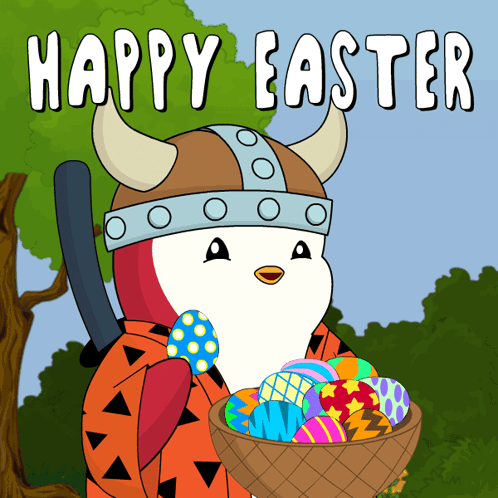 Cartoon Viking Holding Easter Egg and Basket of Eggs