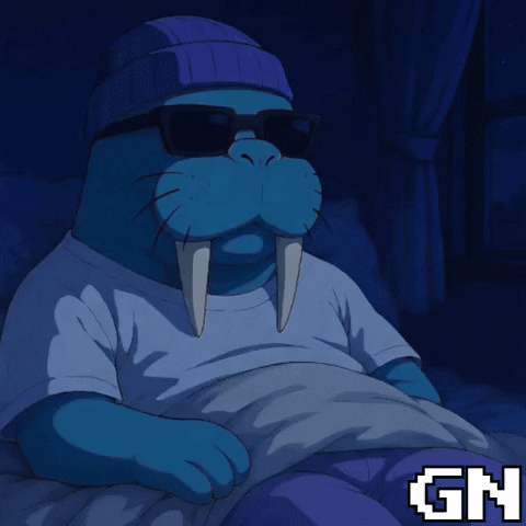 Cartoon Walrus in Sunglasses and Beanie Laying in Bed