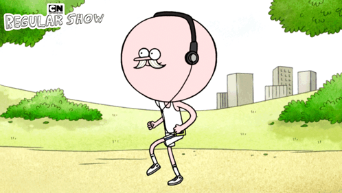 Cartoon Wearing Headphones Running In Park With CN Regular Show Logo GIF