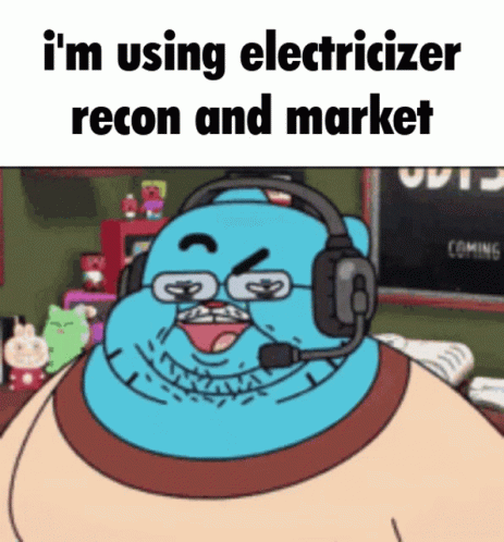 Cartoon Wearing Headphones Saying I'm Using Electrizer Recon and Market