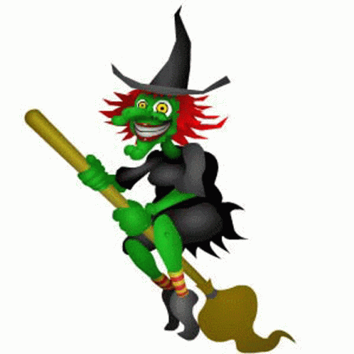 Cartoon Witch Flying on Broom with Bat