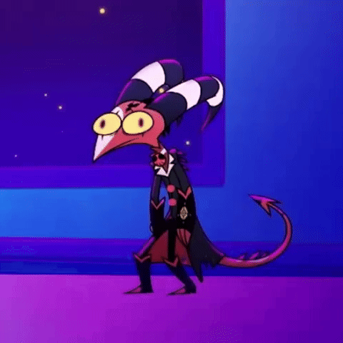 Cartoon With Horns And Long Tail In Front Of Purple Wall GIF