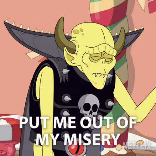 Cartoon With Horns And Skull Shirt Says Put Me Out Of My Misery GIF