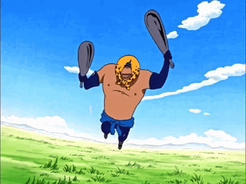 Cartoon With Leopard Print Head Jumping With Two Bats