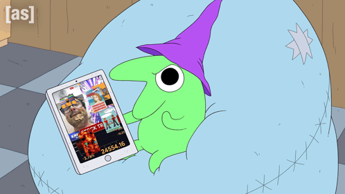 Cartoon With Purple Hat Holding Tablet Saying Stocks GIF
