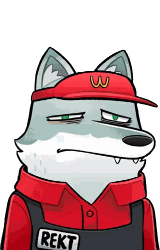 Cartoon Wolf in Red McDonald's Hat and Overalls