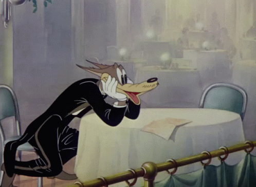 Cartoon Wolf in Tuxedo at Restaurant