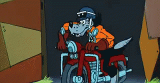 Cartoon Wolf Riding Red Motorcycle with Helmet