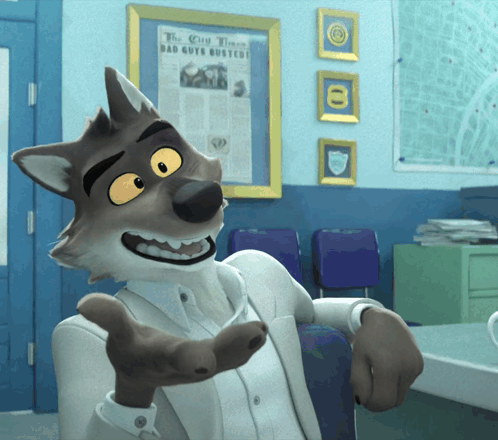 Cartoon Wolf Sitting in Front of Newspaper Bad Guys Busted
