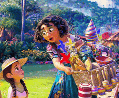 Cartoon Woman and Girl With Flower Basket