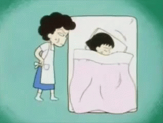 Cartoon Woman Beside Sleeping Child on Mattress