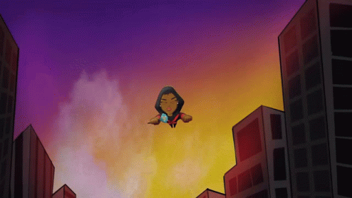 Cartoon Woman Flying Through Air With Buildings