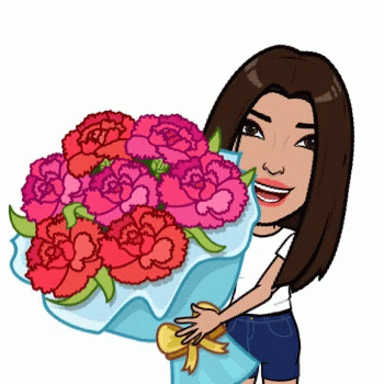 Cartoon Woman Holding Carnation Bouquet GIF