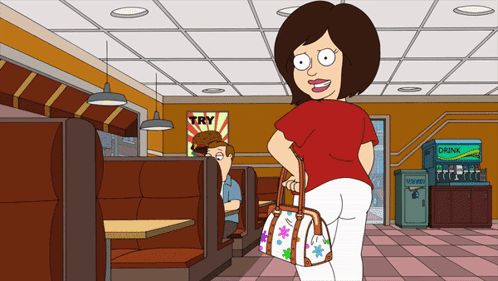 Cartoon Woman Holding Purse in Diner With Try Sign
