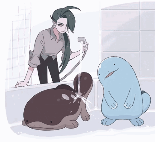Cartoon Woman Holding Shower Hose