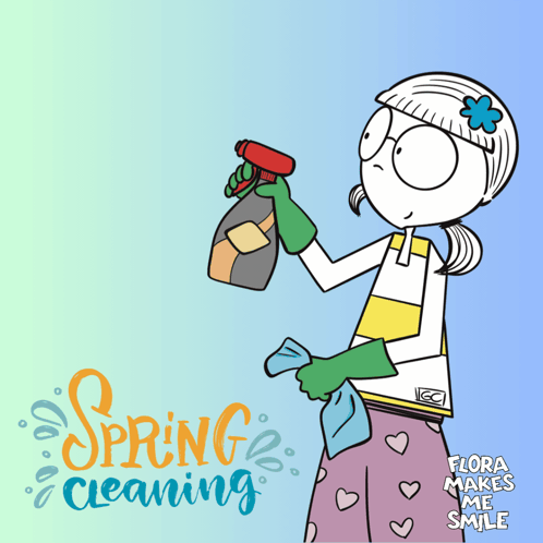Cartoon Woman Holding Spray Bottle With Spring Cleaning