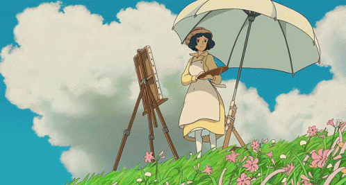 Cartoon Woman Holding Umbrella And Painting Easel GIF