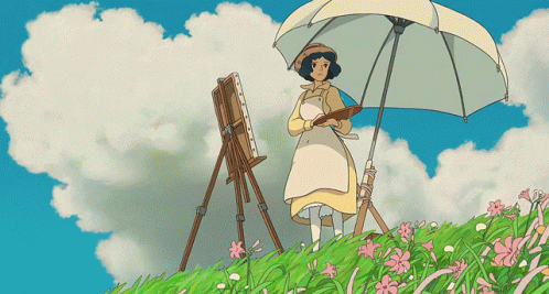 Cartoon Woman Holding Umbrella Beside Easel In Flower Field GIF