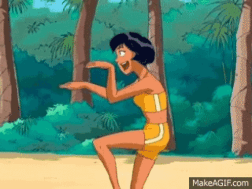 Cartoon Woman in Bikini Squatting on Beach With Palm Trees