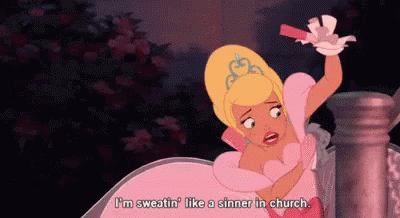 Cartoon Woman in Pink Dress Saying I'm Sweating Like a Sinner in Church