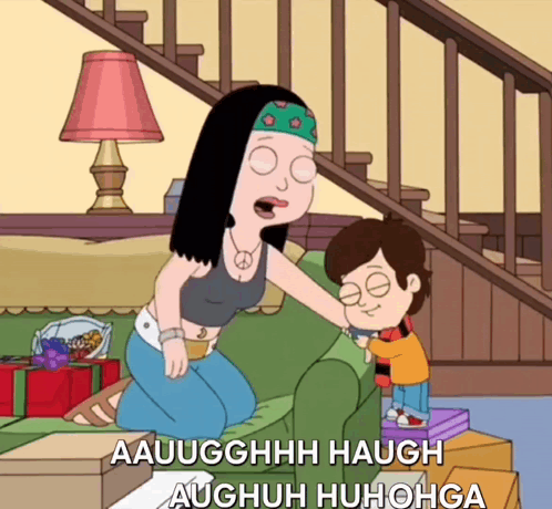 Cartoon Woman Kneeling Next to Boy With Aauugghhh Haugh